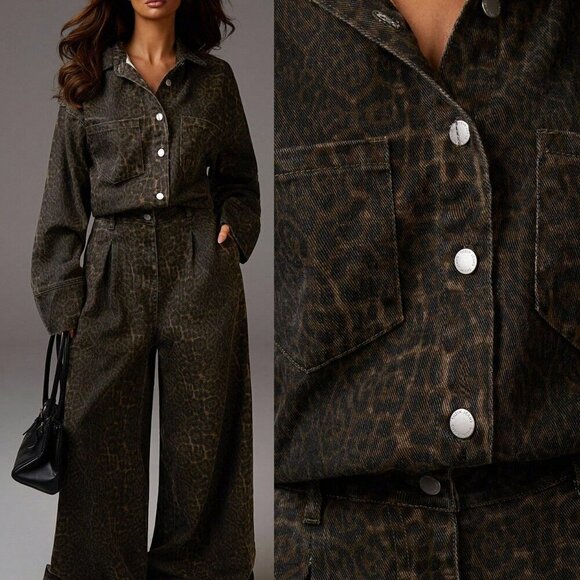 Casual Women's leopard Long Sleeve Button Pocketed Wide Leg jumpsuit - Picture 2 of 6